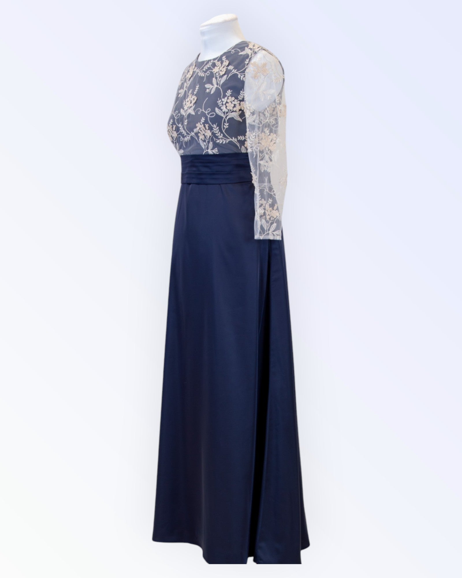 Navy blue satin long evening dress