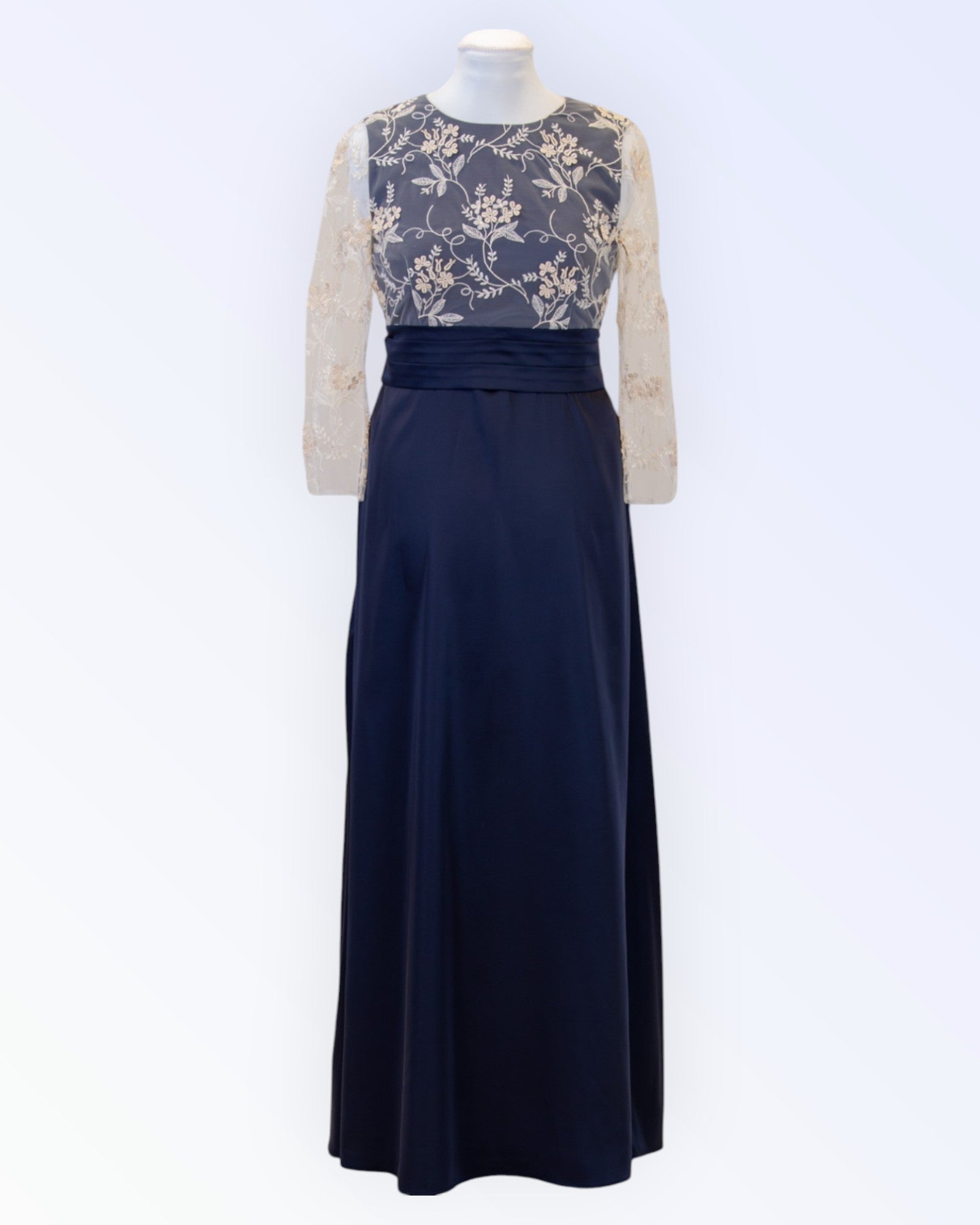 Navy blue satin long evening dress