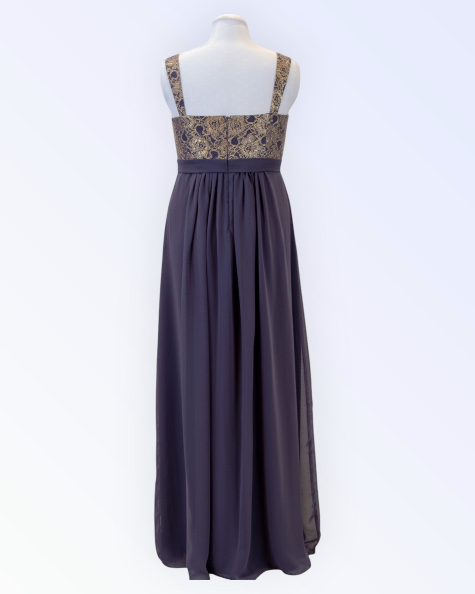 Grey chiffon empire-cut long formal dress