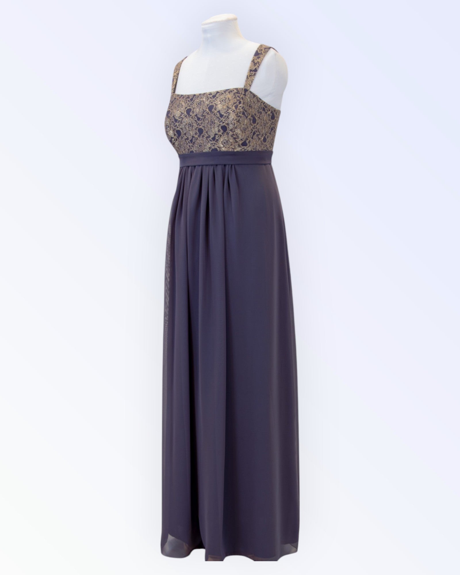 Grey chiffon empire-cut long formal dress