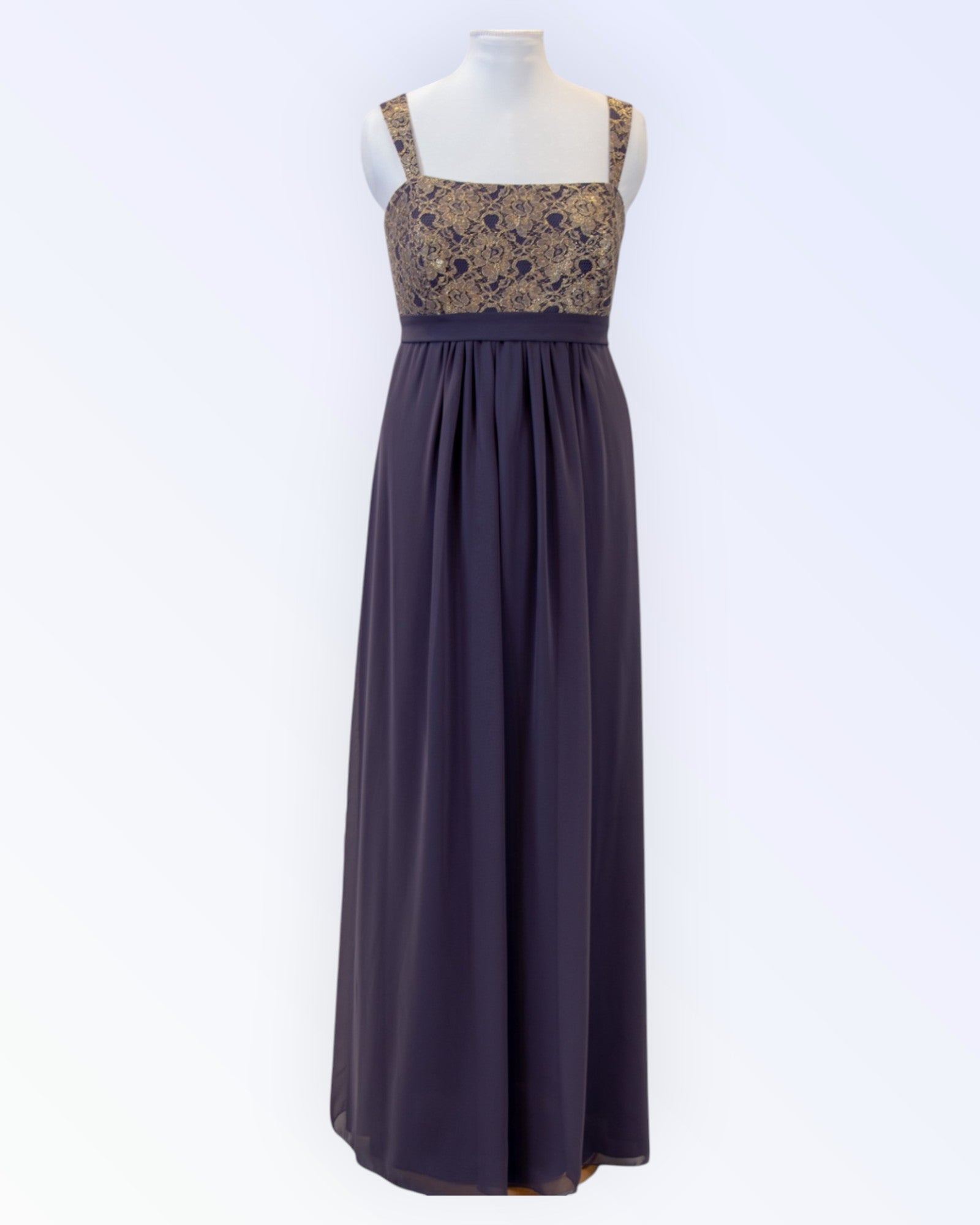 Grey chiffon empire-cut long formal dress