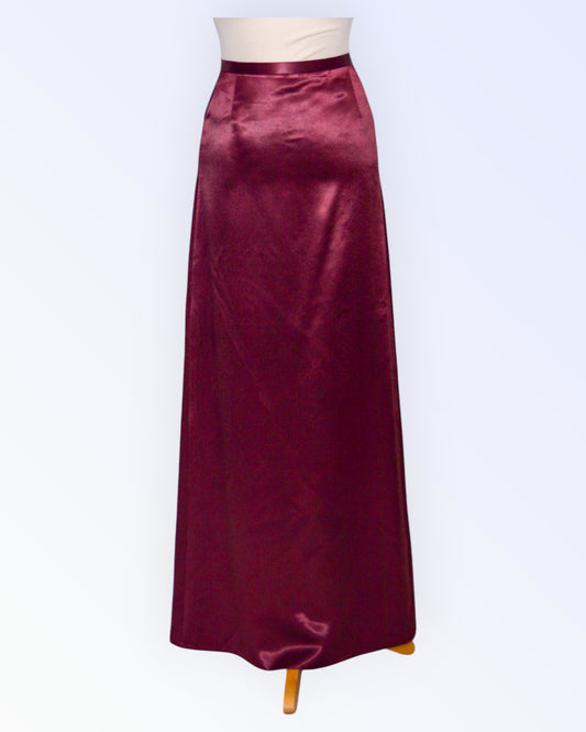 Long festive burgundy satin skirt