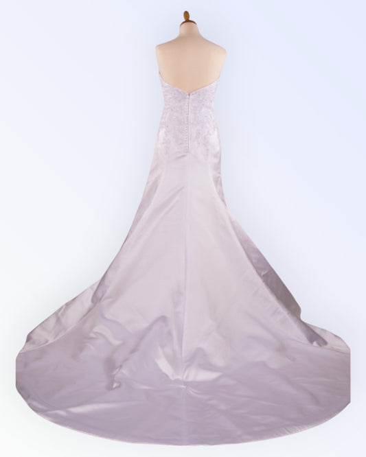 White satin wedding dress with train