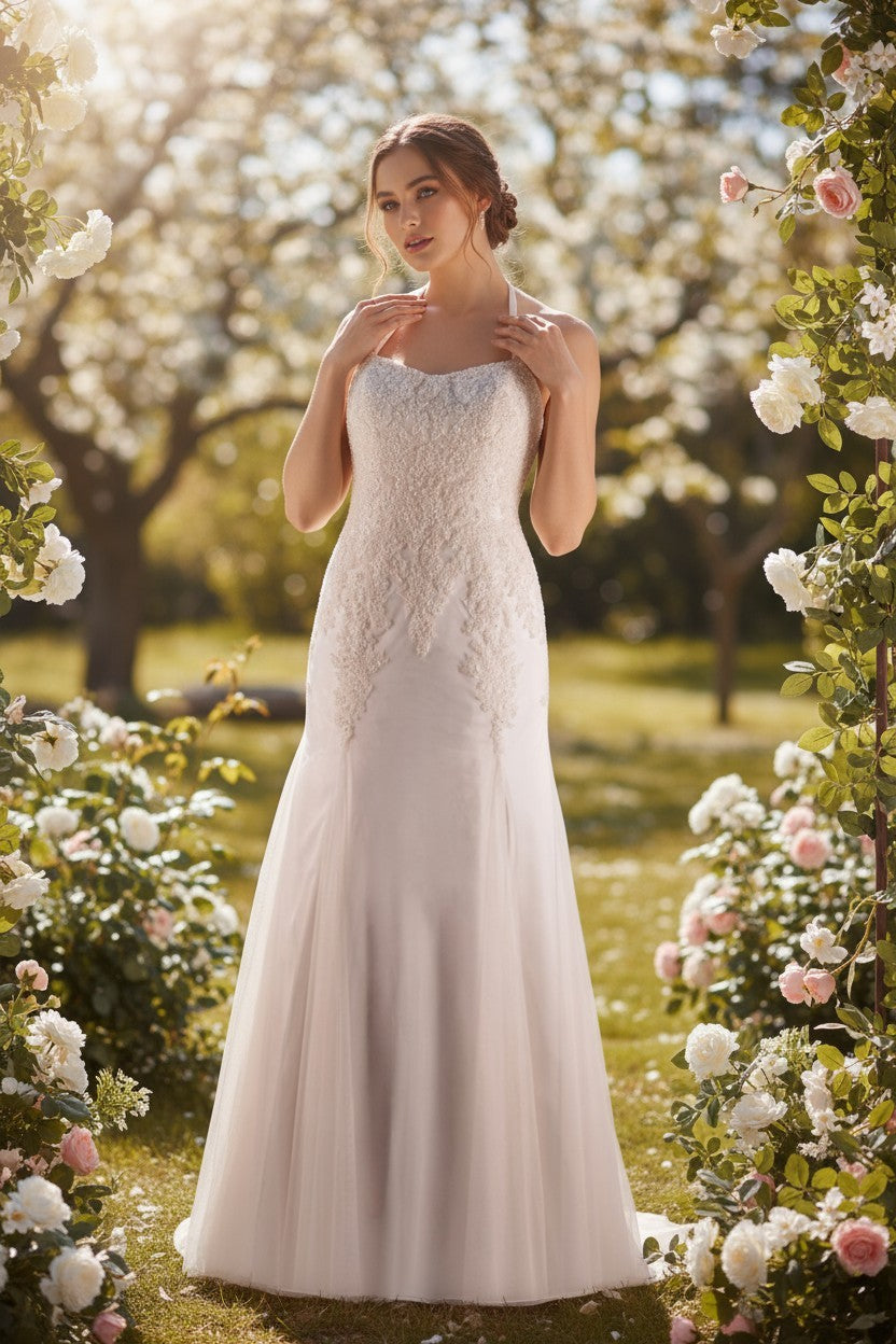 Off-white tulle wedding dress with train