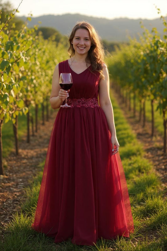 Long red chiffon formal dress