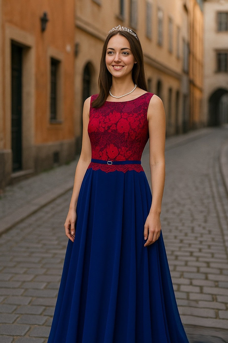 Kaksivärinen pitkä juhlamekko