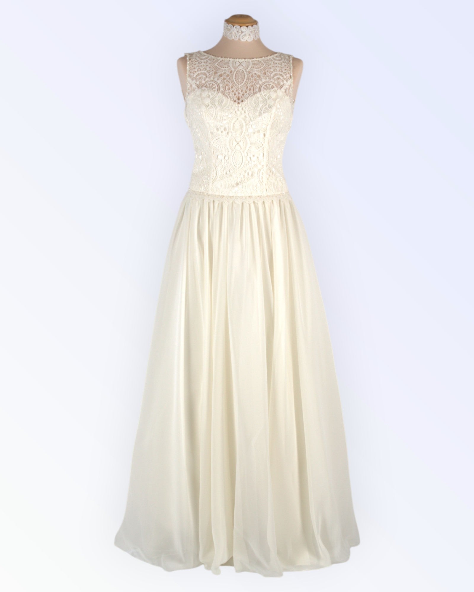 Off-white wedding dress with chiffon skirt