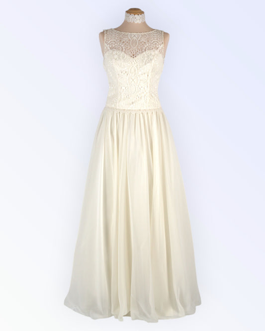 Off-white wedding dress with chiffon skirt