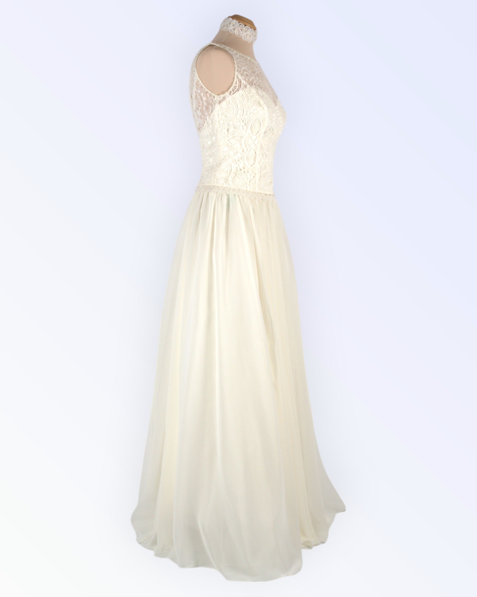 Off-white wedding dress with chiffon skirt