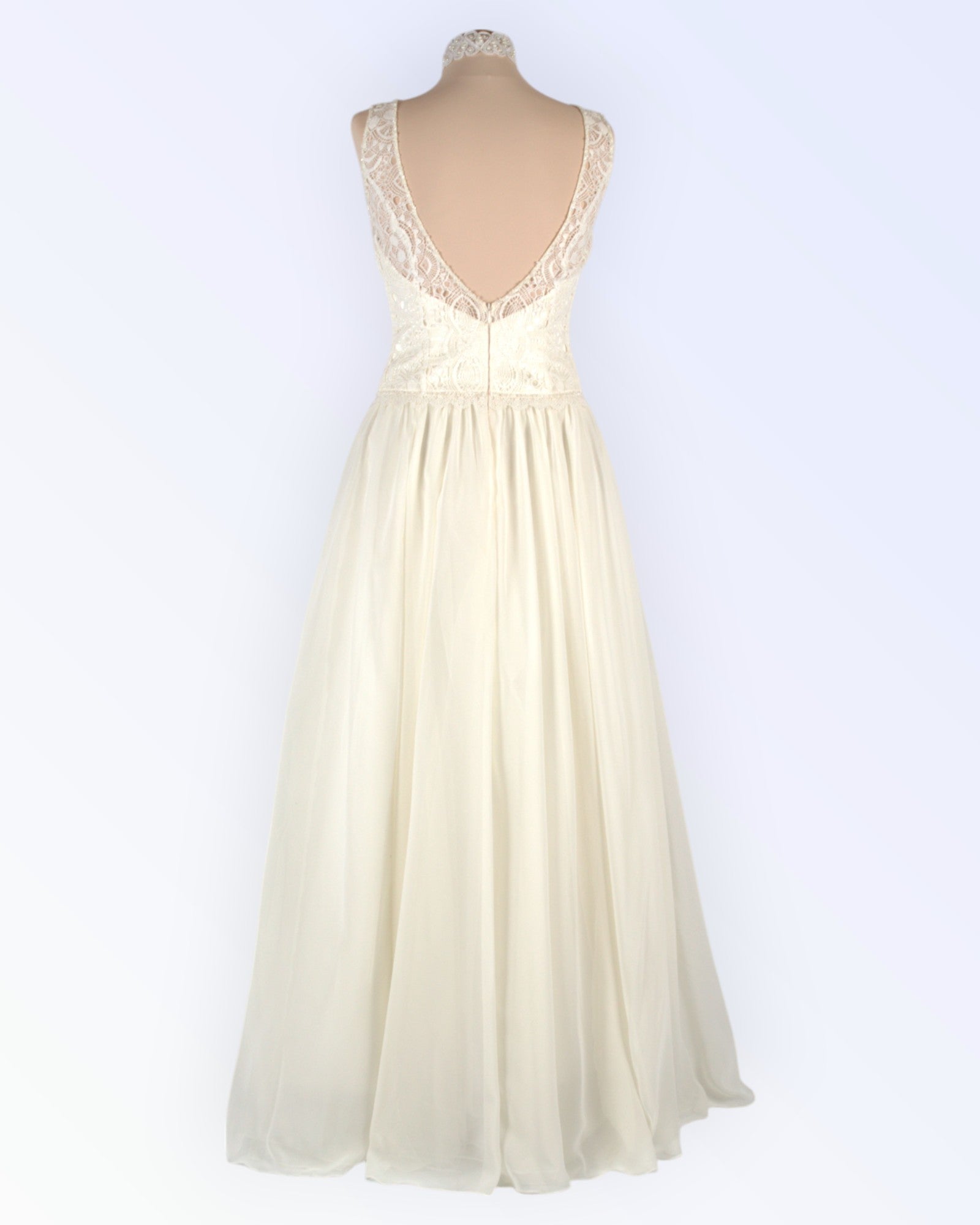 Off-white wedding dress with chiffon skirt