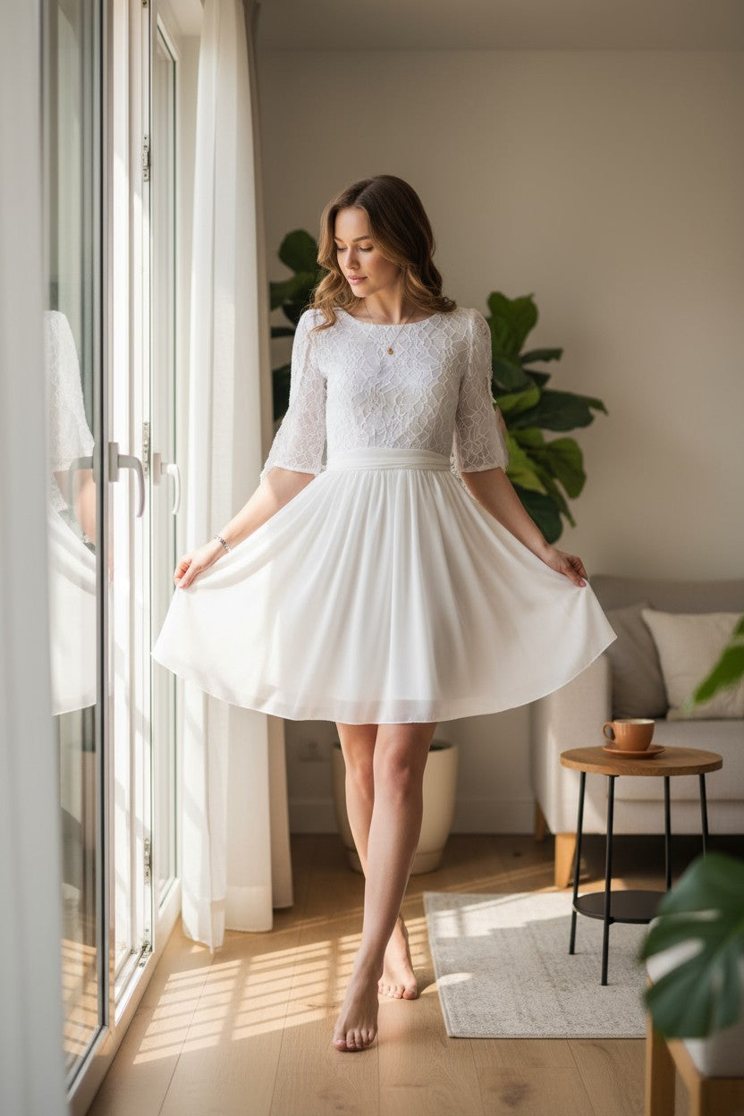 Valge lühike pruutkleit