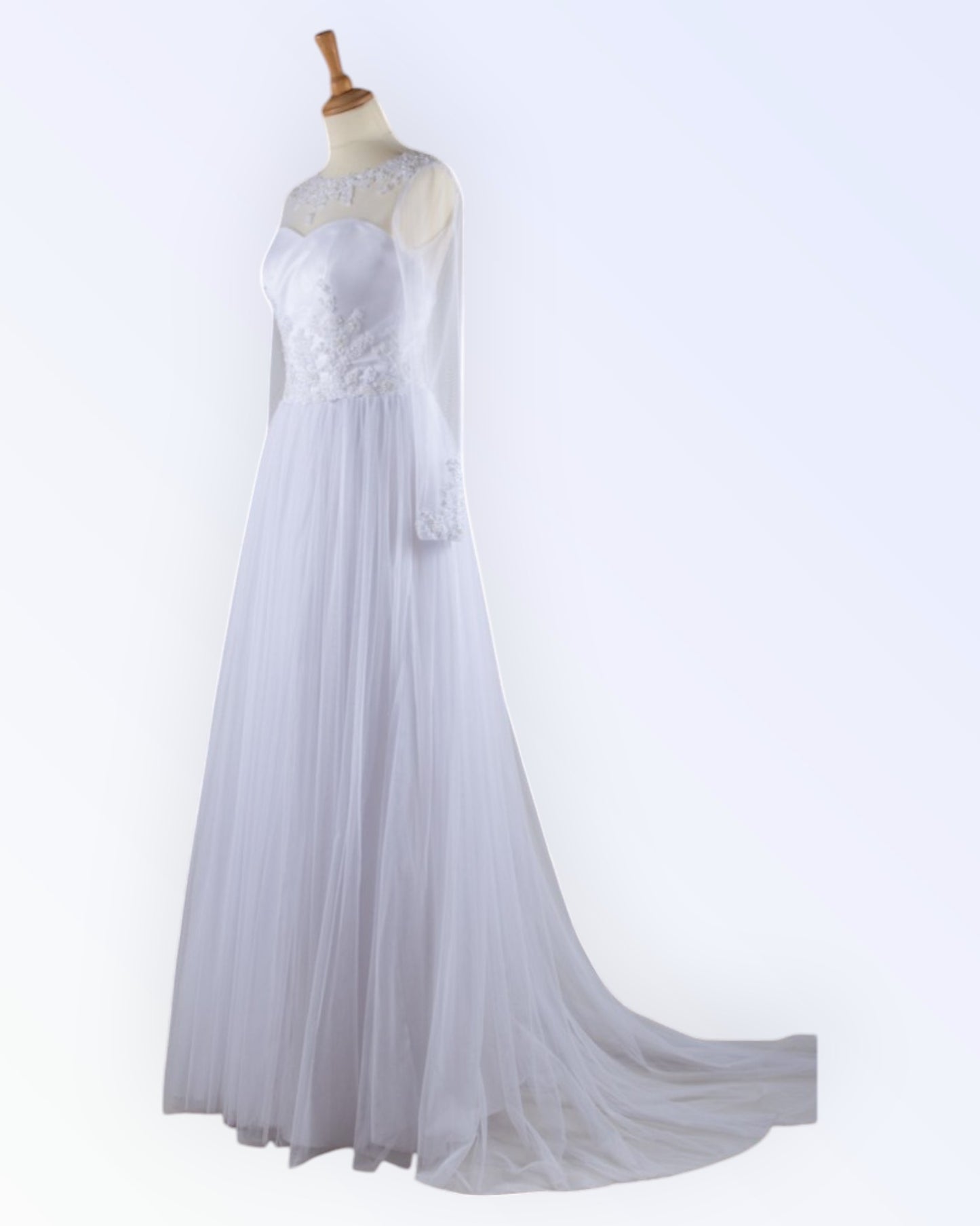 White tulle wedding dress with train