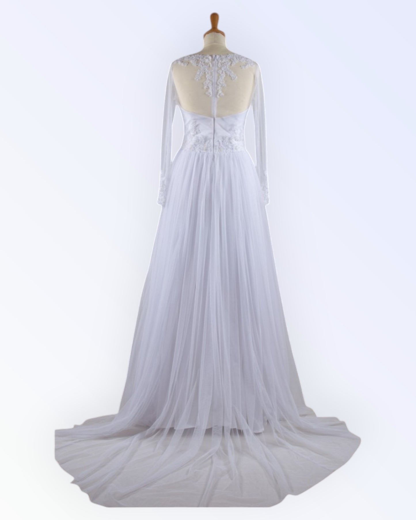 White tulle wedding dress with train