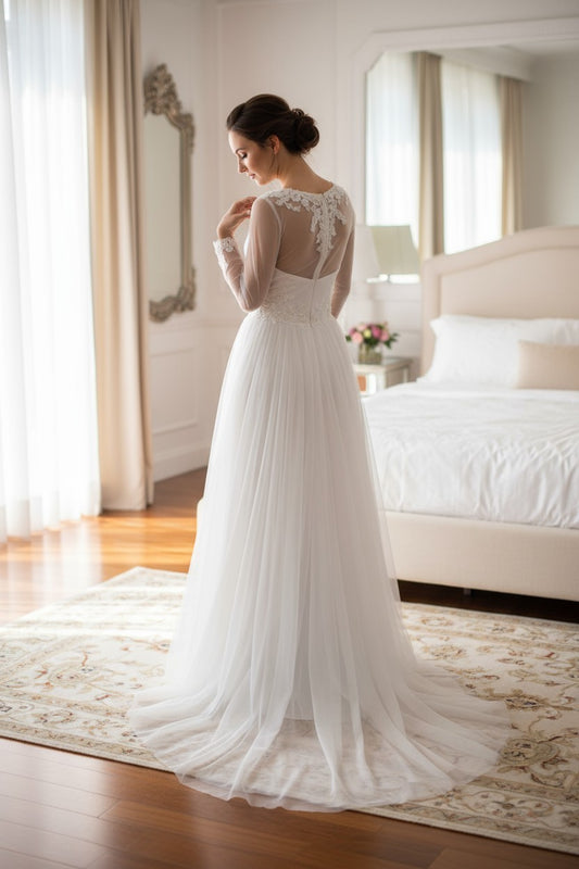 Princess-style tulle wedding dress with a train