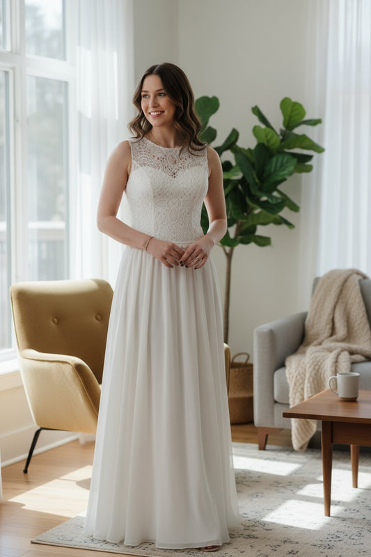 Off-white wedding dress with chiffon skirt