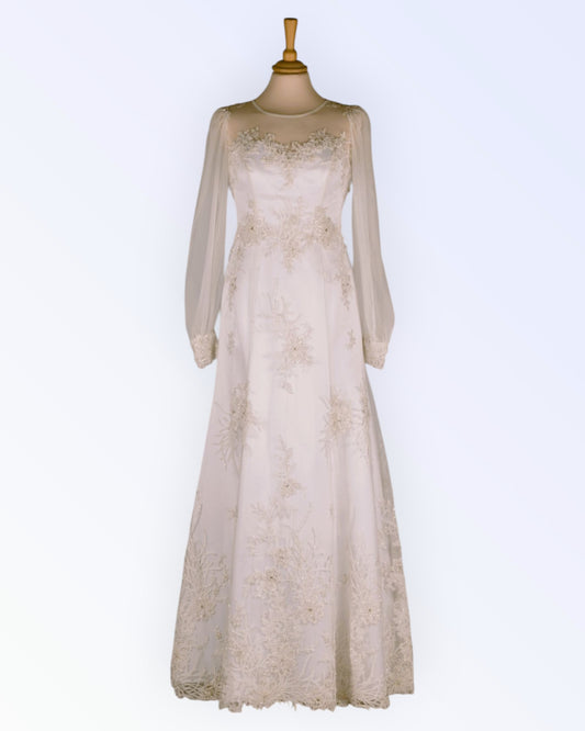 Vintage-style lace wedding dress with pearl embroidery