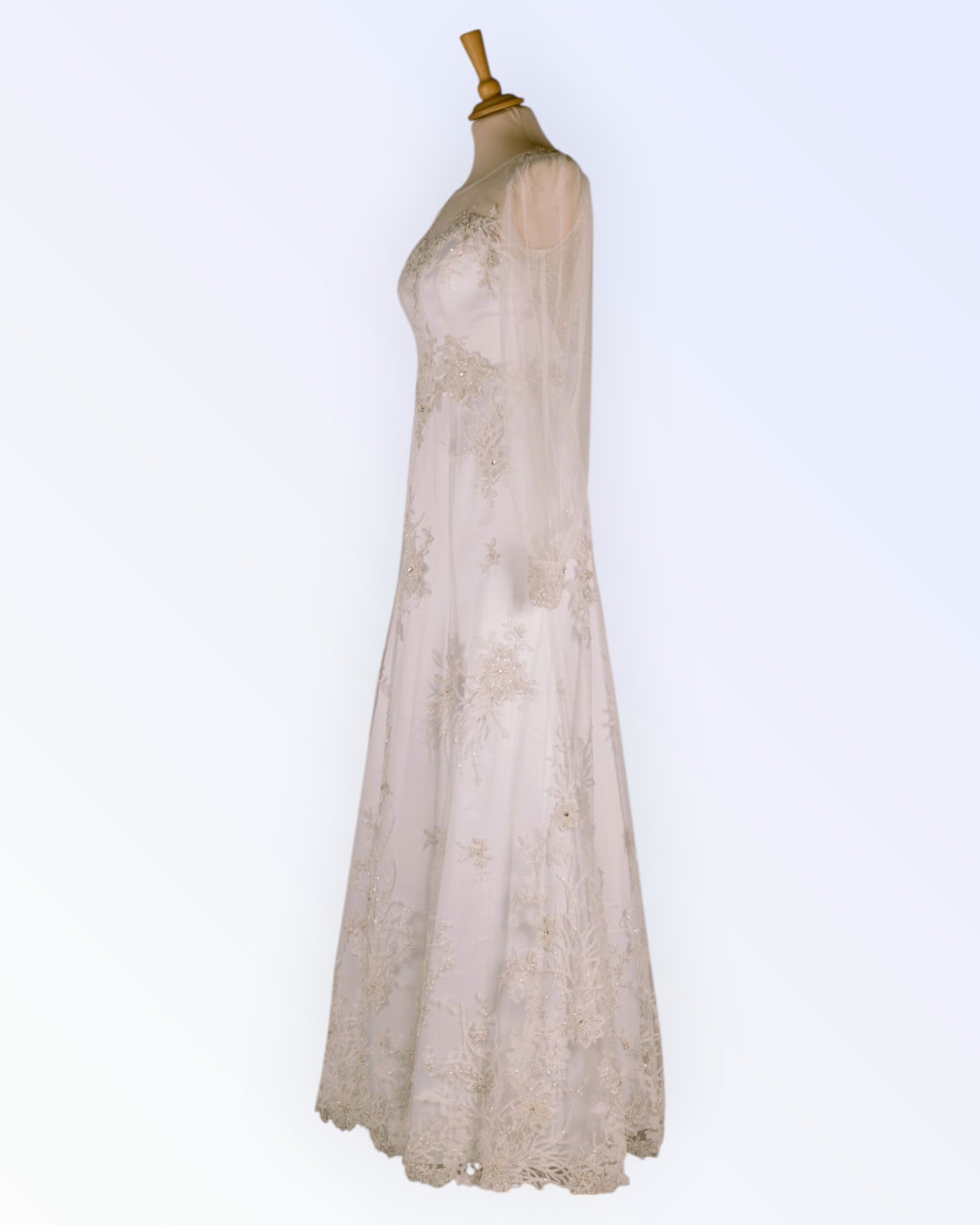 Vintage-style lace wedding dress with pearl embroidery