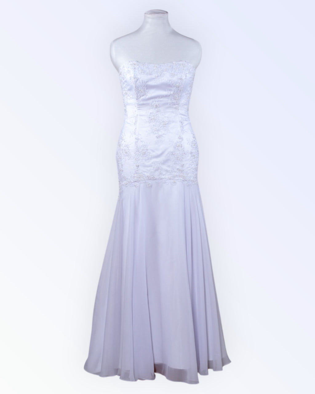 White mermaid-style wedding dress with a train