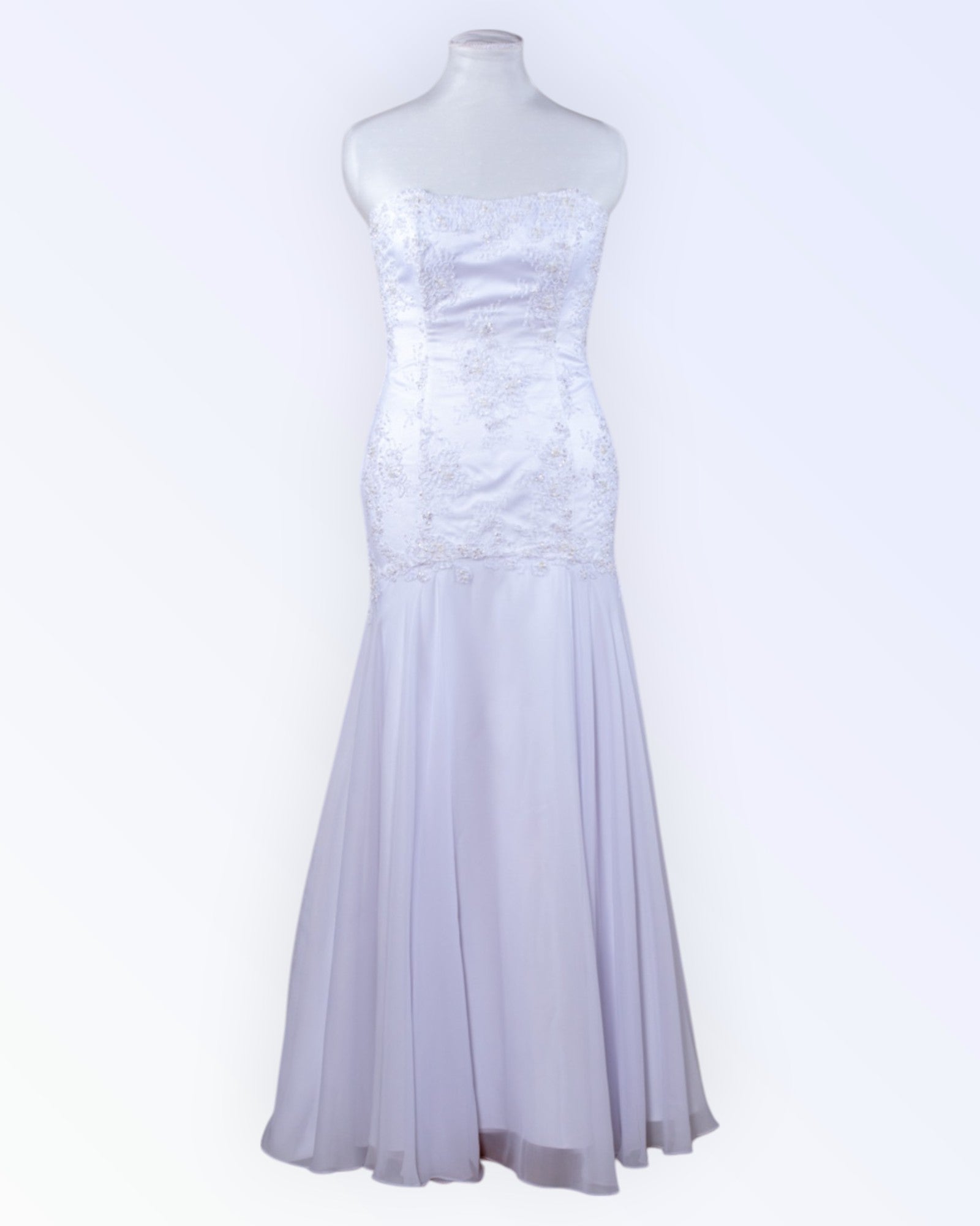 White mermaid-style wedding dress with a train