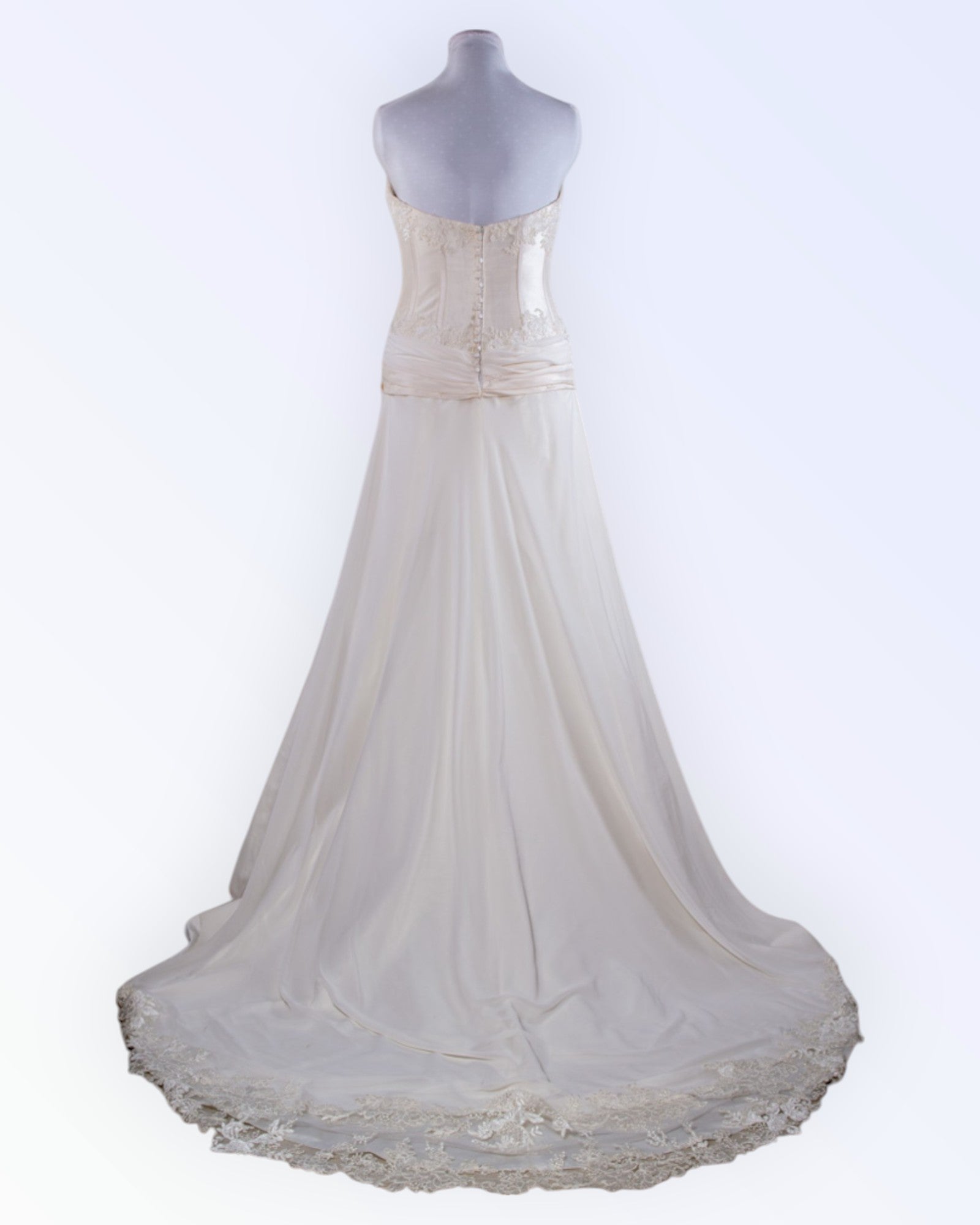 Off-white wedding dress with long train