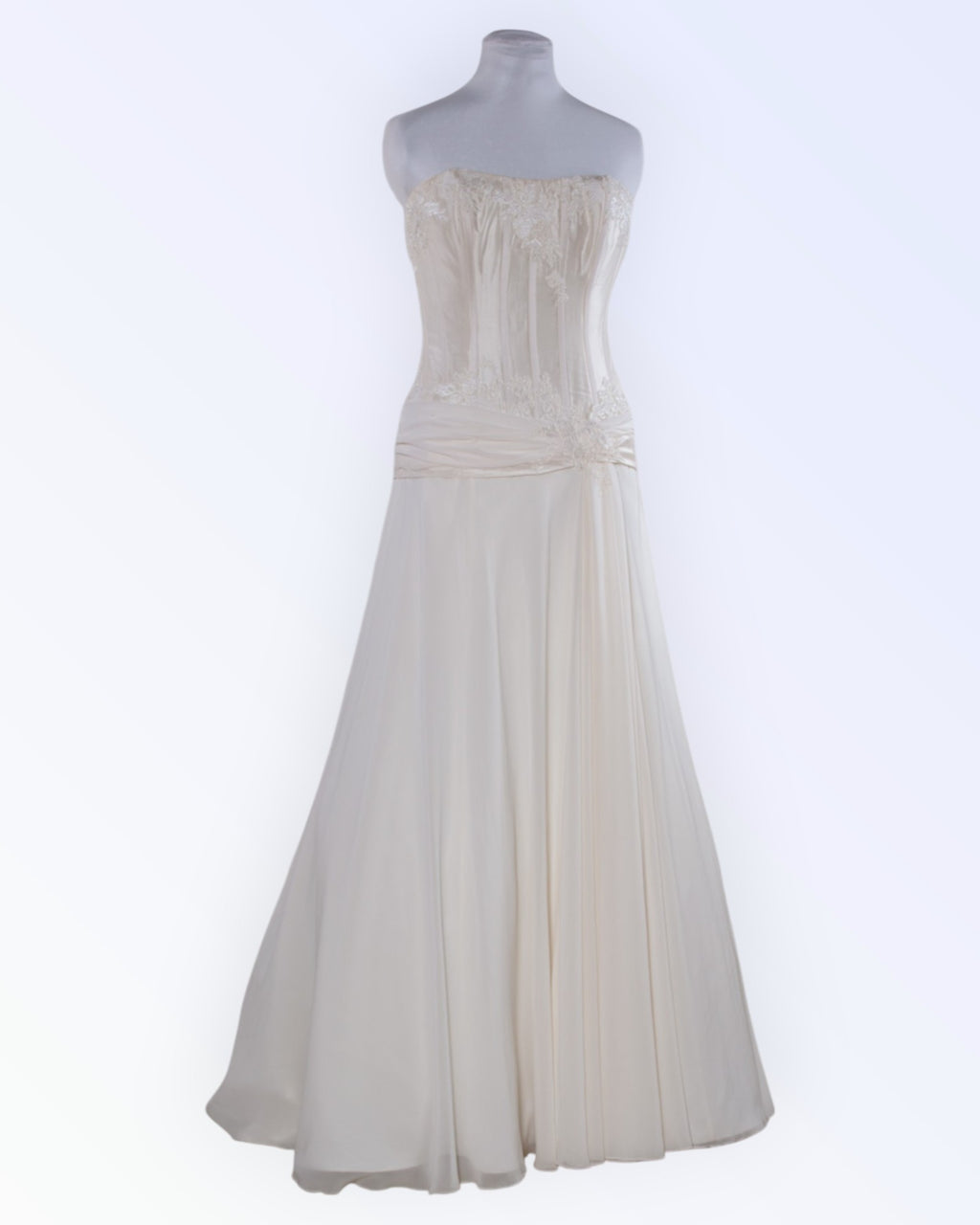 Off-white wedding dress with long train