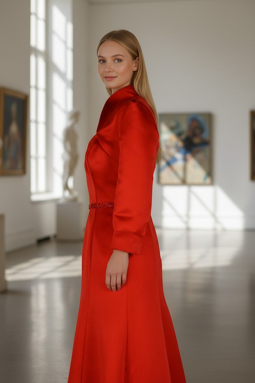 Ageless.ee red satin evening dress with beaded belt and A-line silhouette, size 38.