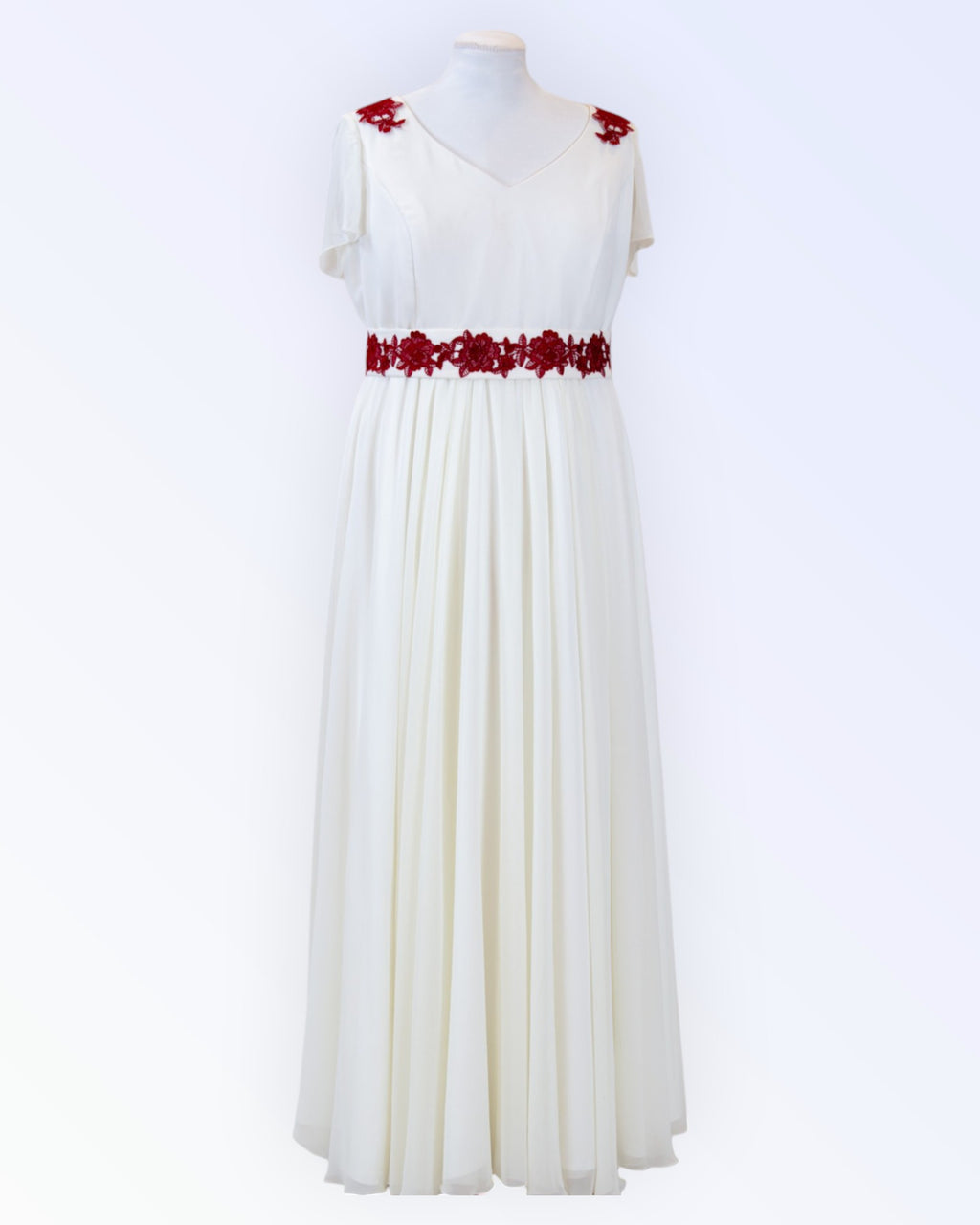 Off-white chiffon wedding dress with dark red embroidery