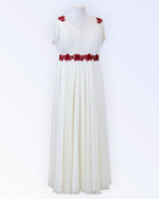 Off-white chiffon wedding dress with dark red embroidery