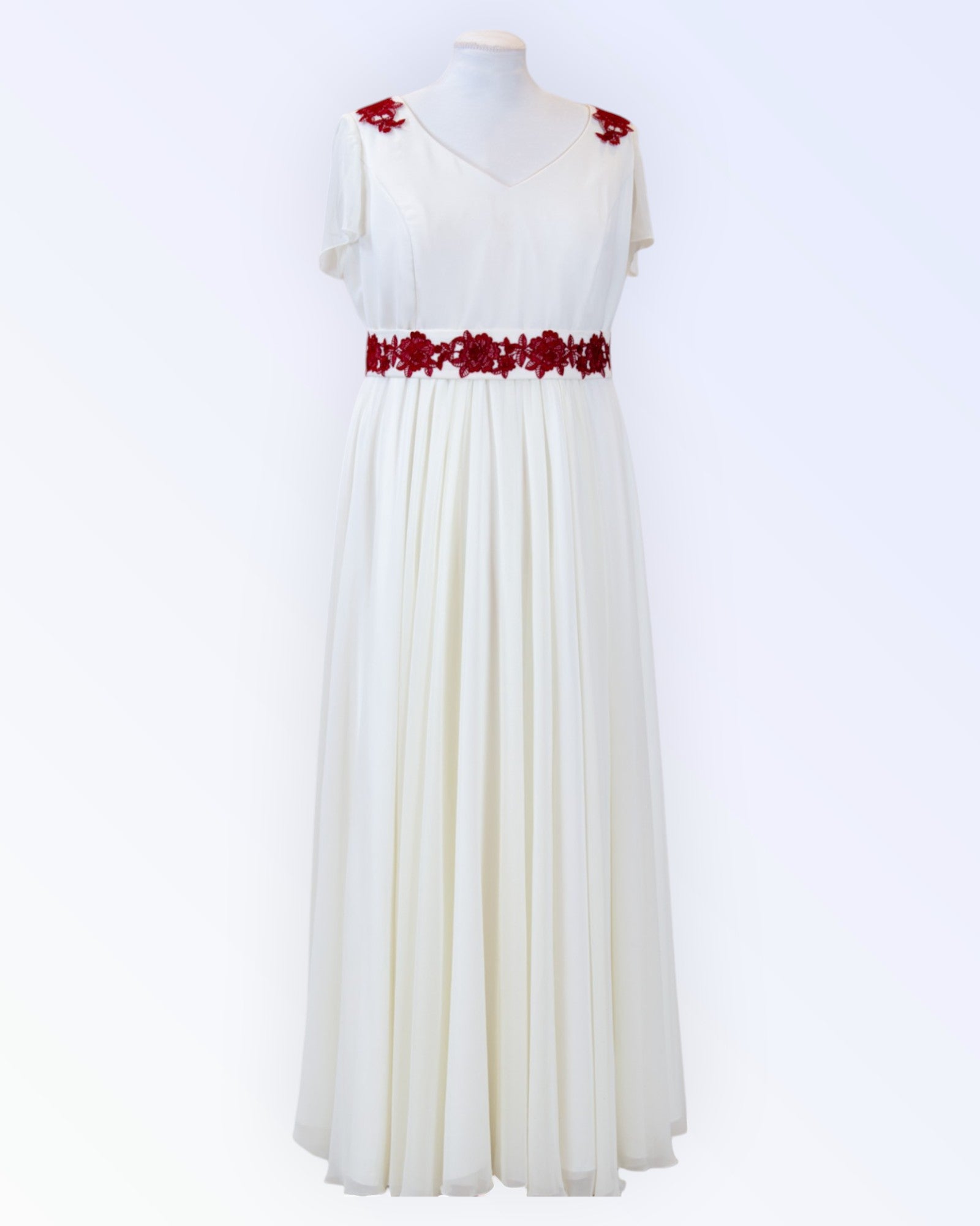 Off-white chiffon wedding dress with dark red embroidery