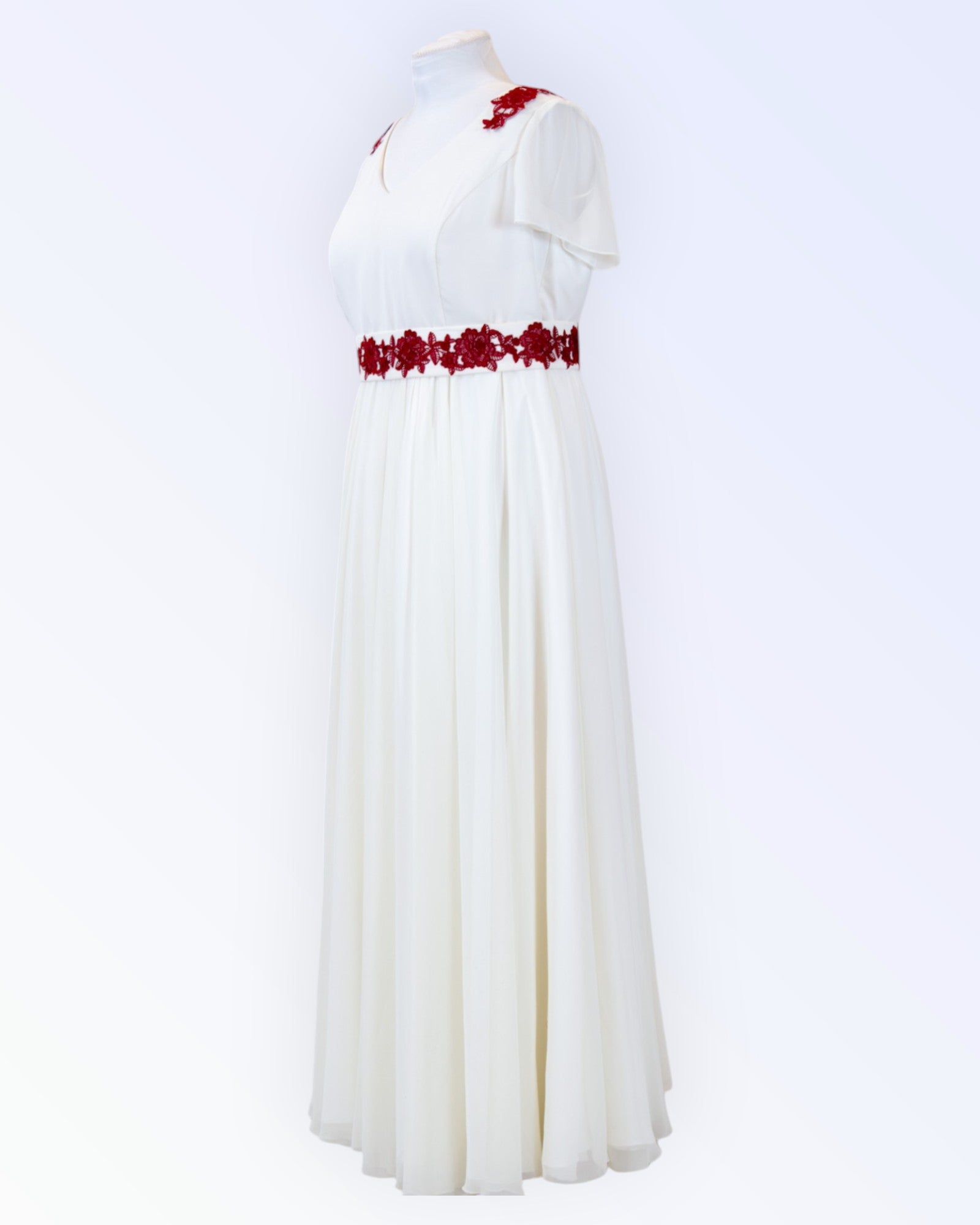 Off-white chiffon wedding dress with dark red embroidery