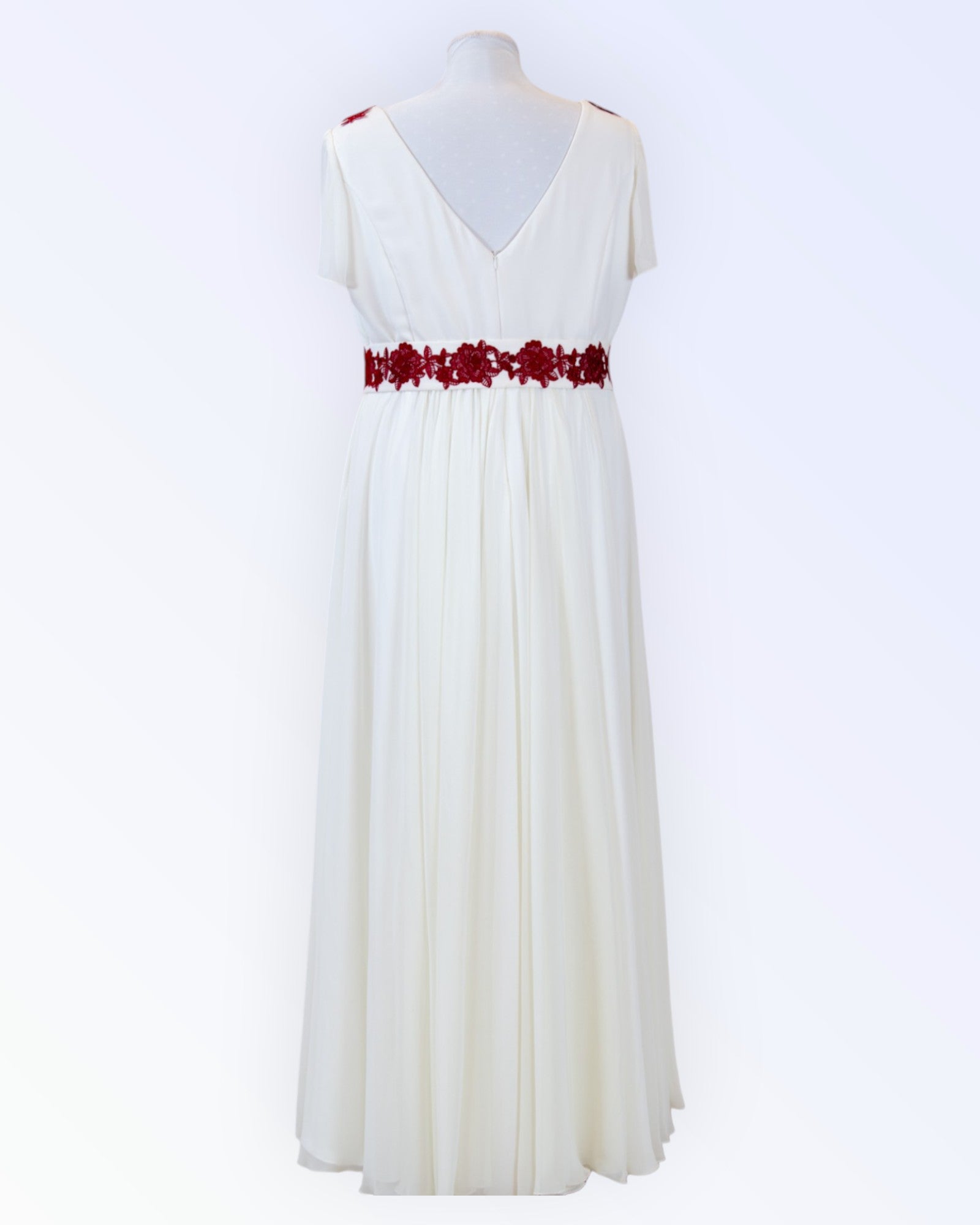 Off-white chiffon wedding dress with dark red embroidery