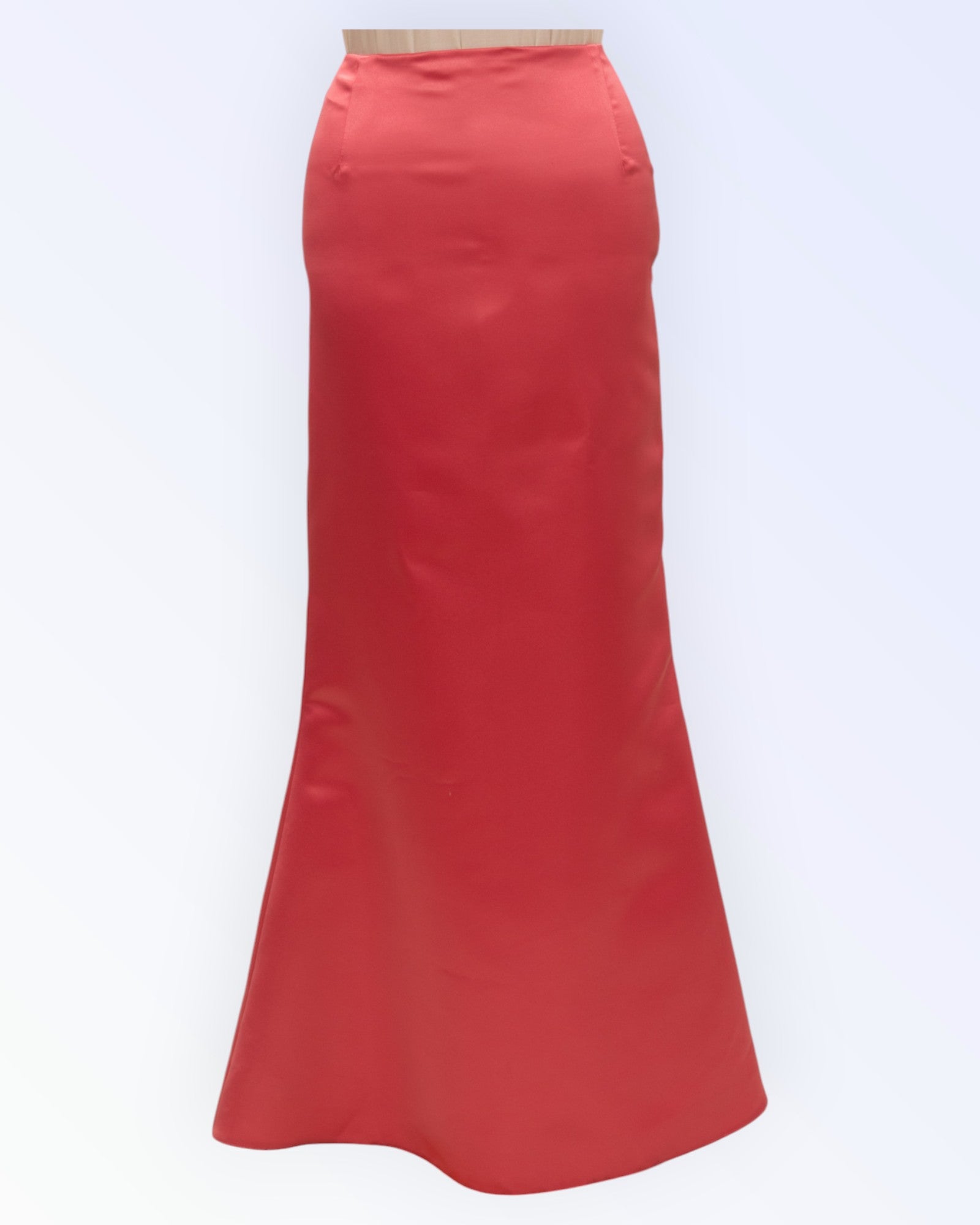 Long festive coral pink satin skirt