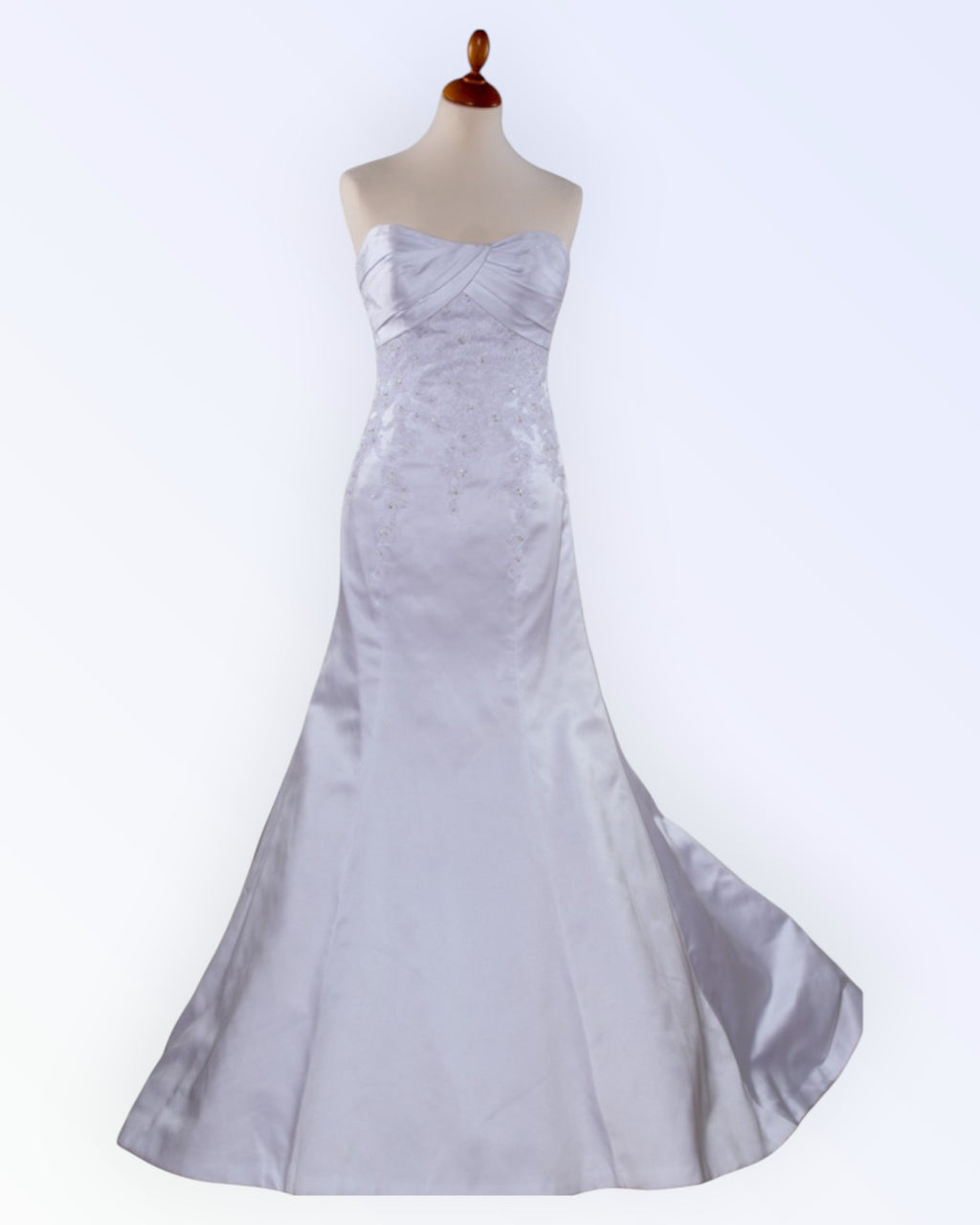 White satin wedding dress with train