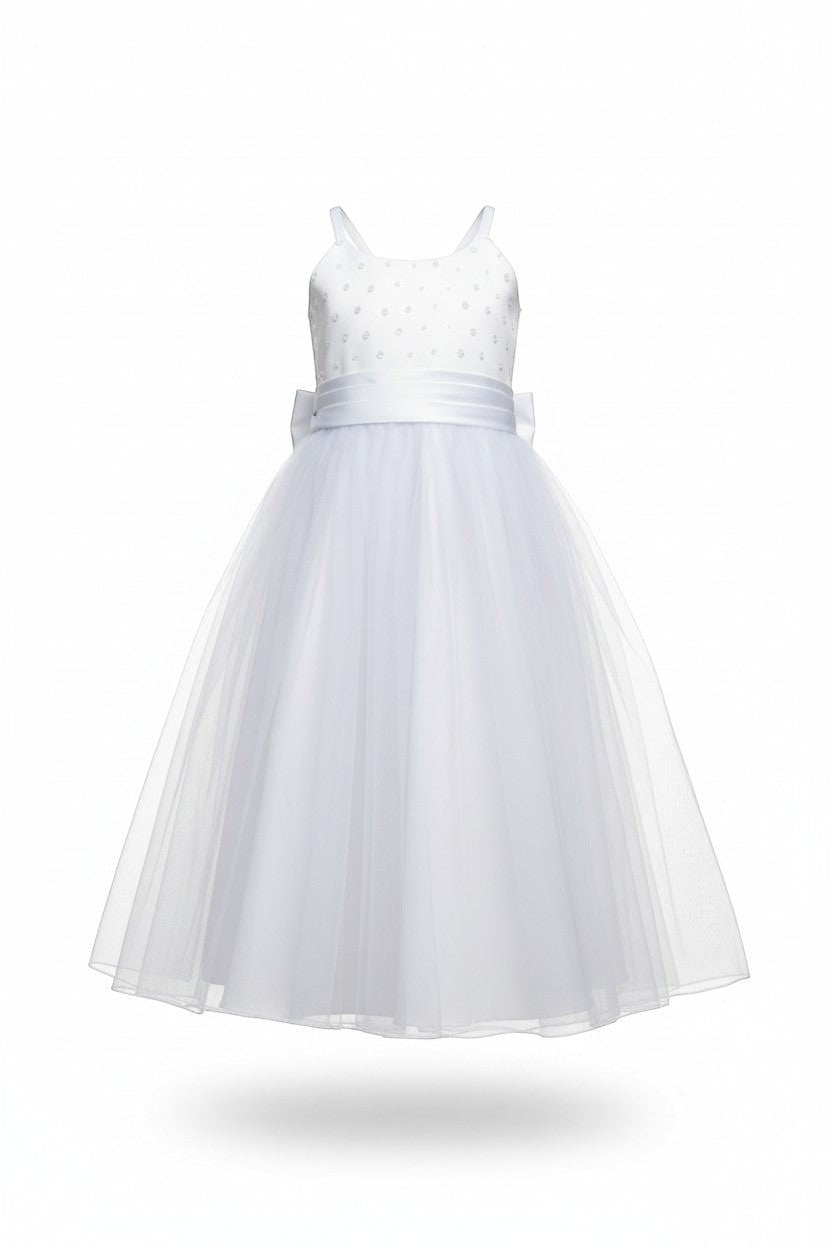 Ageless.ee white polyester tulle dress with sequin and pearl bodice and satin sash with bow