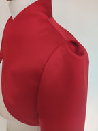 Ageless.ee red satin evening gown bolero jacket with high collar and puffed sleeves.
