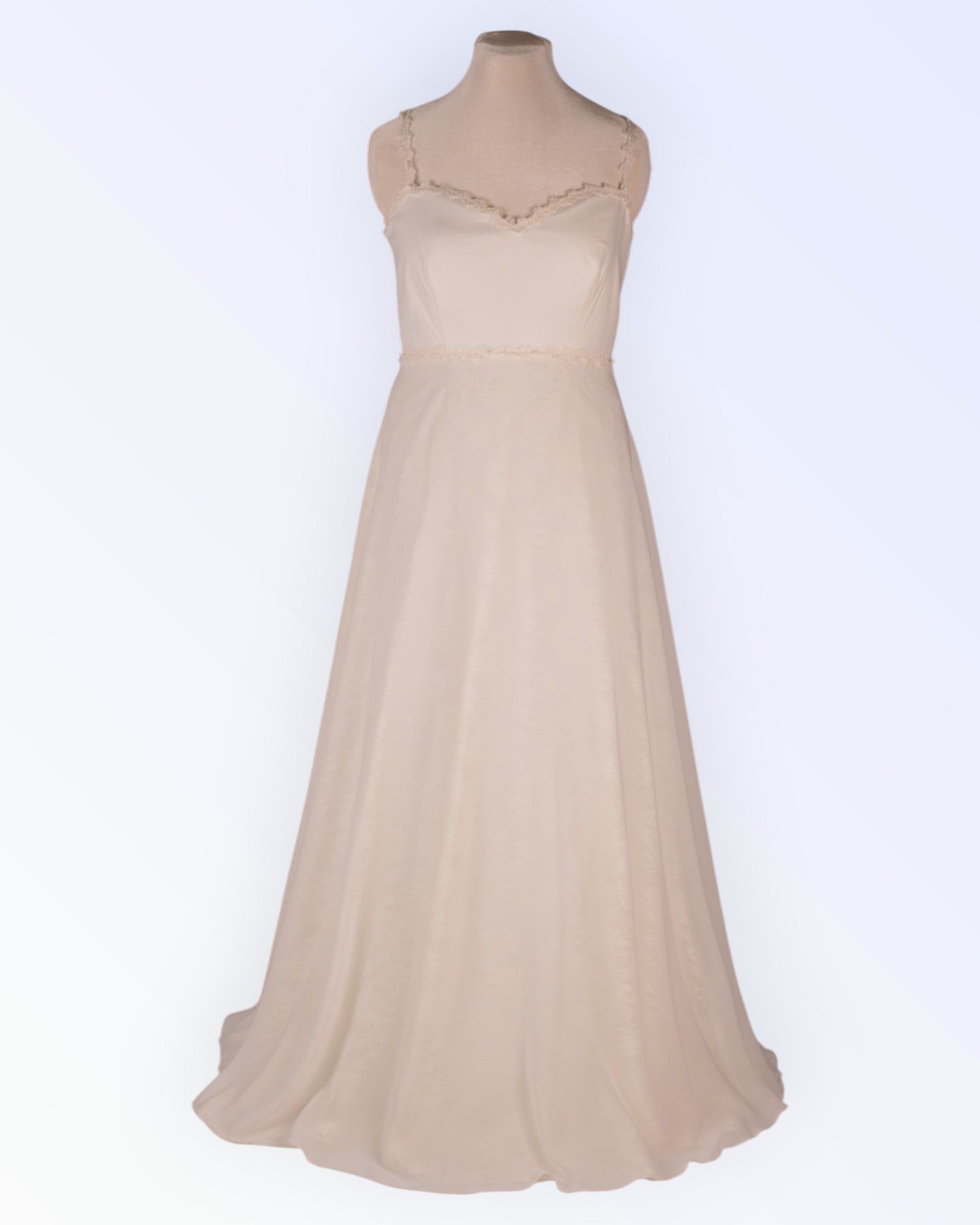 Off-white chiffon wedding dress with lace lining
