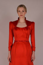 Ageless.ee vintage red satin dress with matching bolero jacket and beaded belt. Elegant formal wear.
