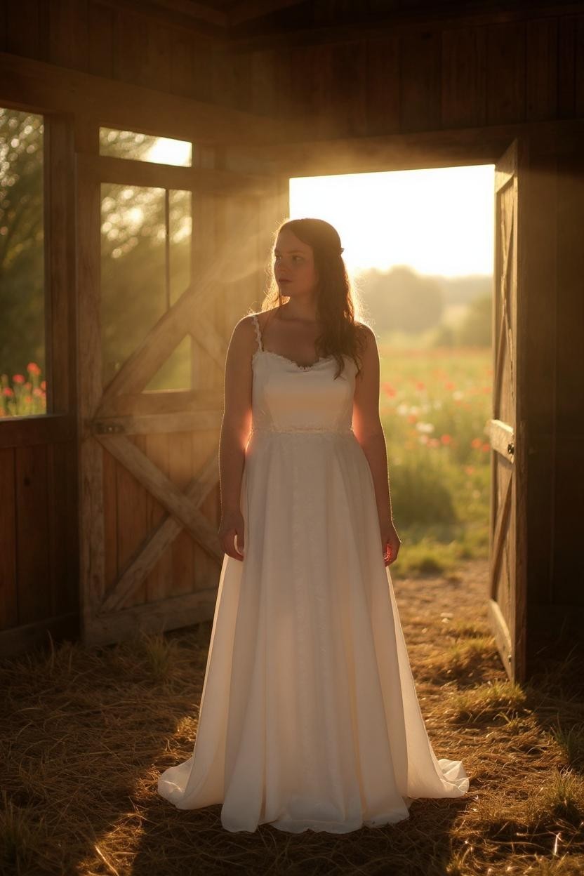 Off-white chiffon wedding dress with lace lining
