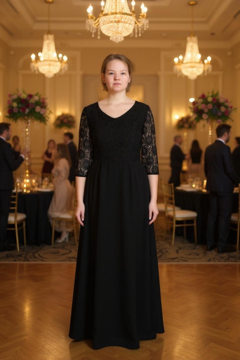 Mustast pitsist ja šifoonist pikk pidulik kleit