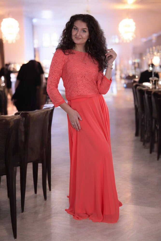 Coral pink two-piece evening dress