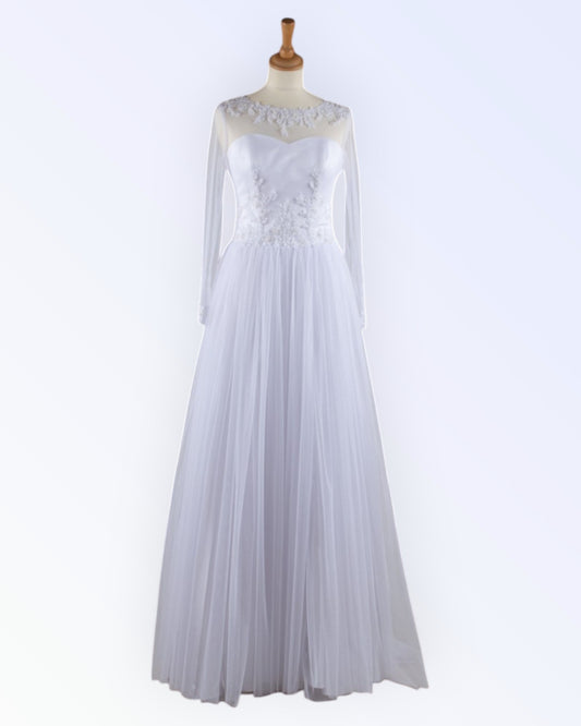 White tulle wedding dress with train