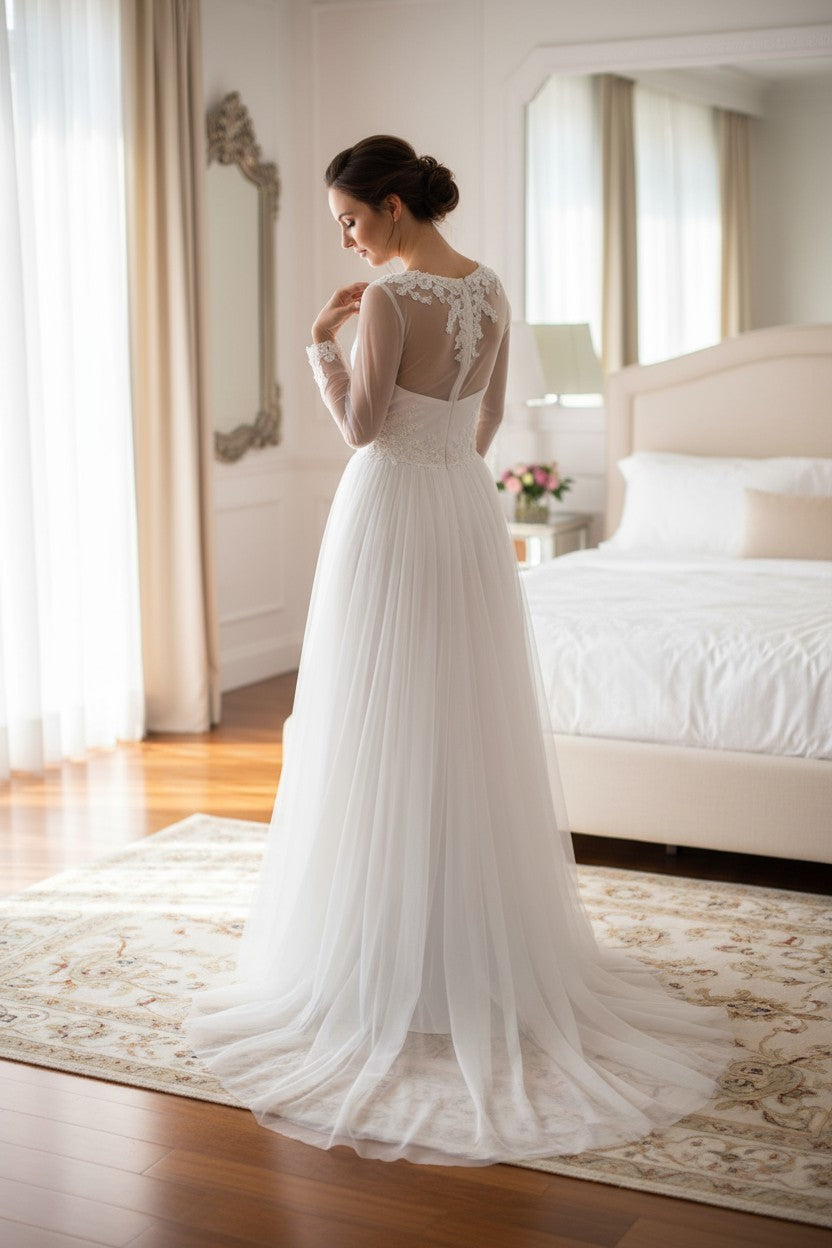 Princess-style tulle wedding dress with a train