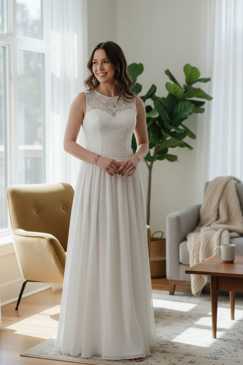 Off-white wedding dress with chiffon skirt