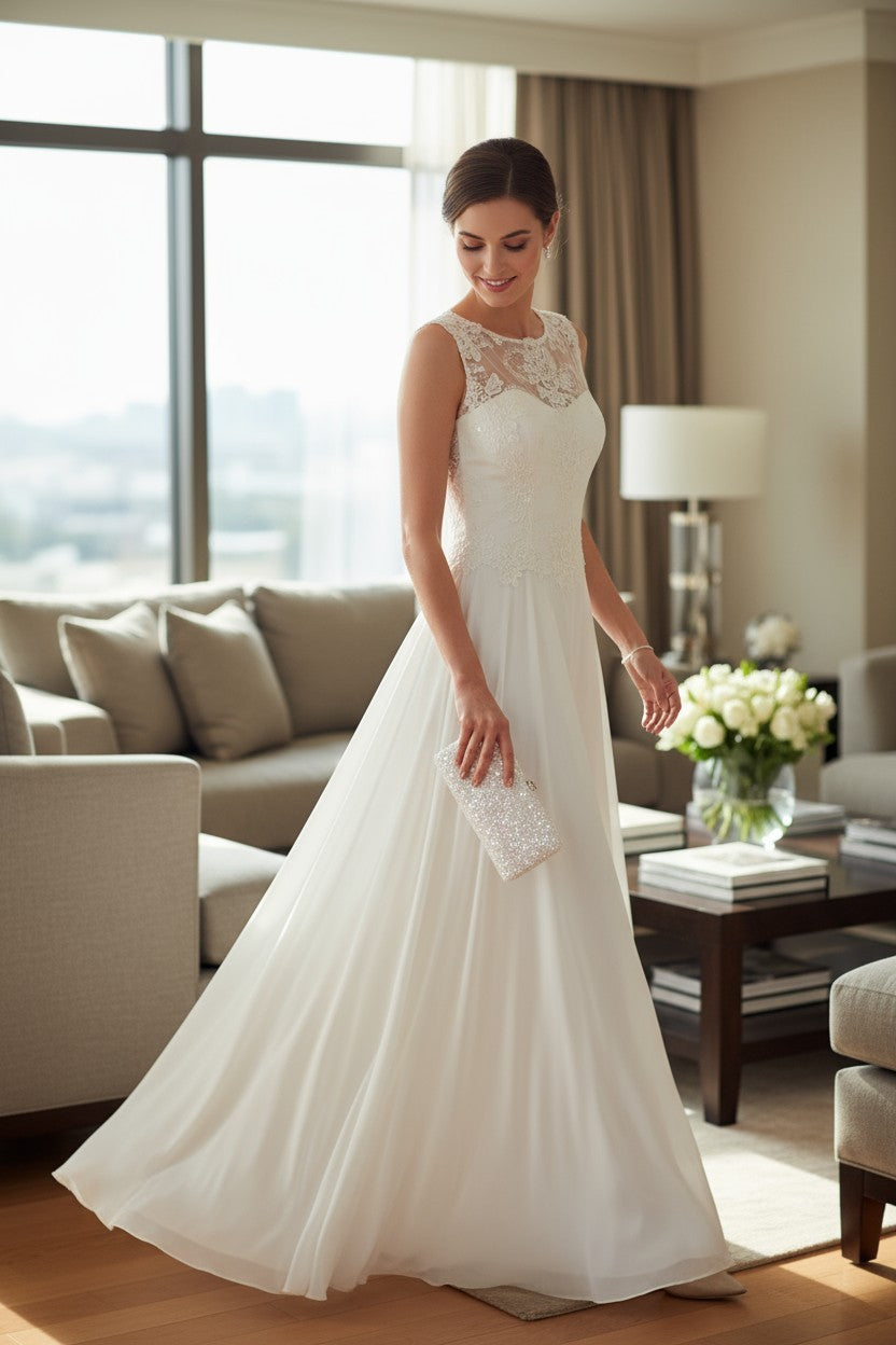 Off-white chiffon wedding dress