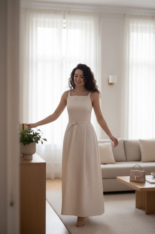 Cream brocade evening dress